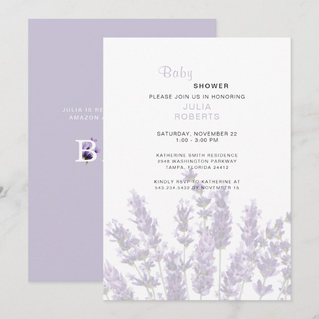 Invitación Watercolor Lavender Floral Baby Shower (Anverso / Reverso)