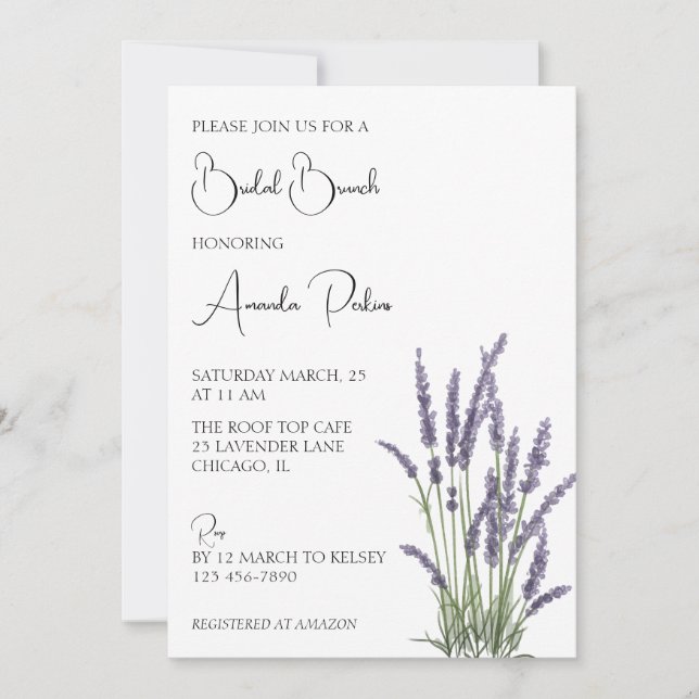 Invitación Watercolor Lavender Floral Bridal Brunch (Anverso)