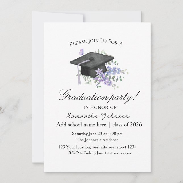 Invitación Watercolor Lavender  Purple Floral Graduation  (Anverso)