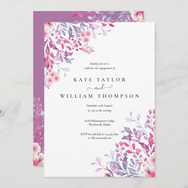 Invitación Watercolor Lavender Wildflowers Engagement Party (Anverso / Reverso)