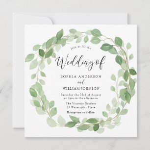 Invitación Watercolor Leaf Verde Wreath Elegante Boda