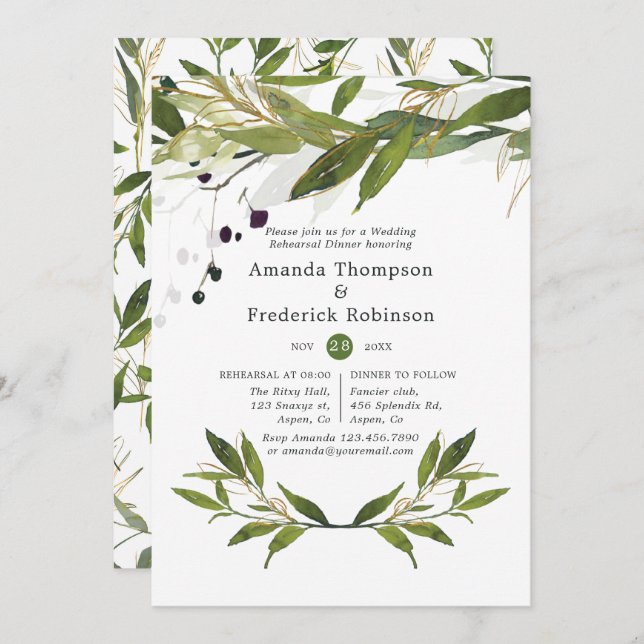 Invitación Watercolor Leafy Greenery Boda Ensayo Cena (Anverso / Reverso)