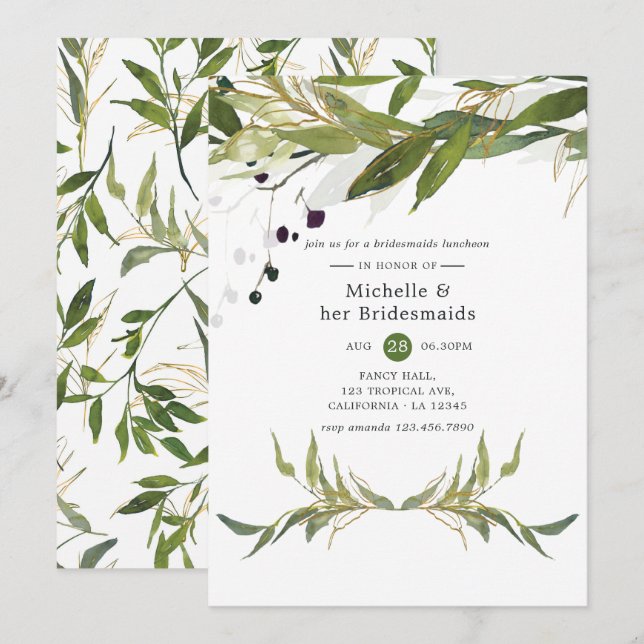 Invitación Watercolor Leafy Greenery Bridesmaids Luncheon (Anverso / Reverso)