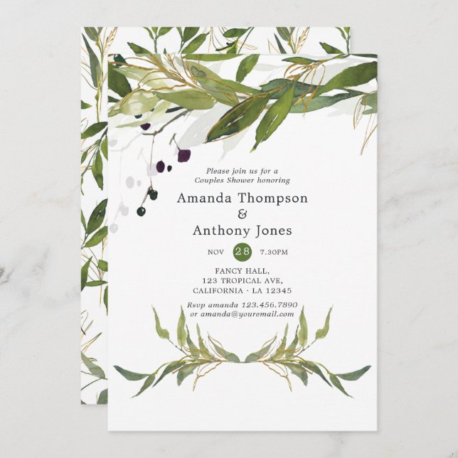 Invitación Watercolor Leafy Greenery Ducha Parejas (Anverso / Reverso)