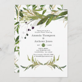 Invitación Watercolor Leafy Greenery Ducha Parejas