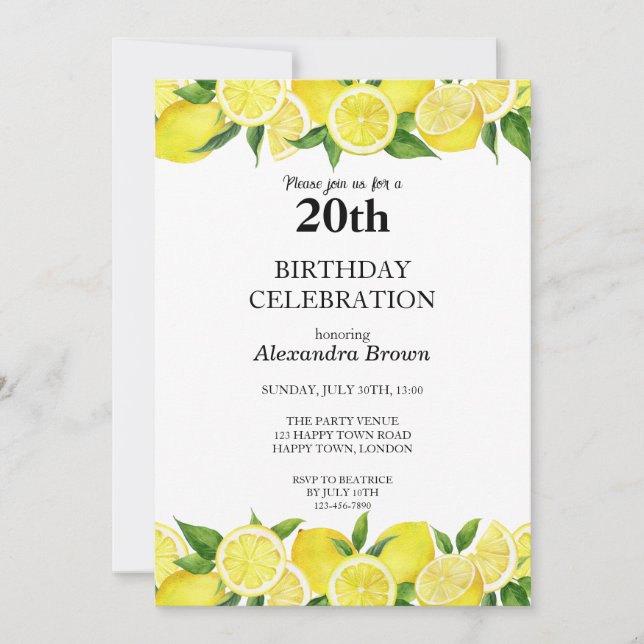 Invitación Watercolor Lemon 20th Birthday Photo Fiesta (Anverso)