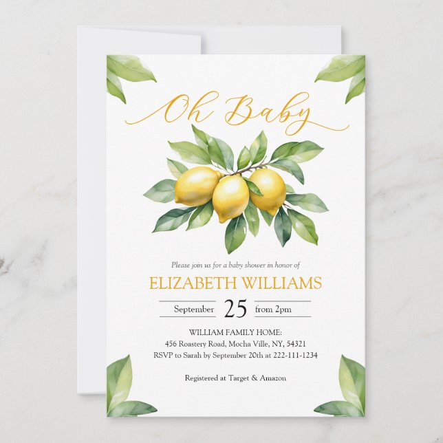 Invitación Watercolor Lemon Baby Shower (Anverso)
