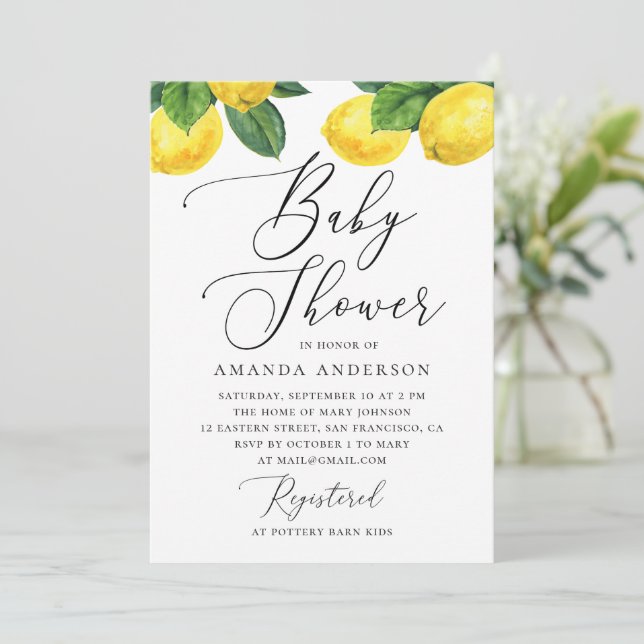 Invitación Watercolor Lemon Baby Shower | Citrus elegante (Anverso de pie)