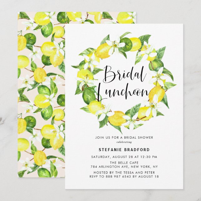 Invitación Watercolor Lemon Blossom Wreath Bridal Luncheon (Anverso / Reverso)