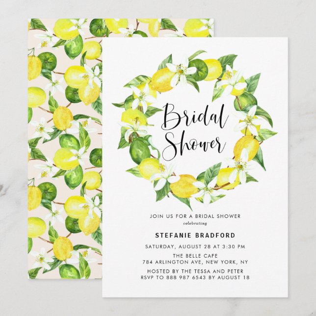 Invitación Watercolor Lemon Blossom Wreath Bridal Shower (Anverso / Reverso)