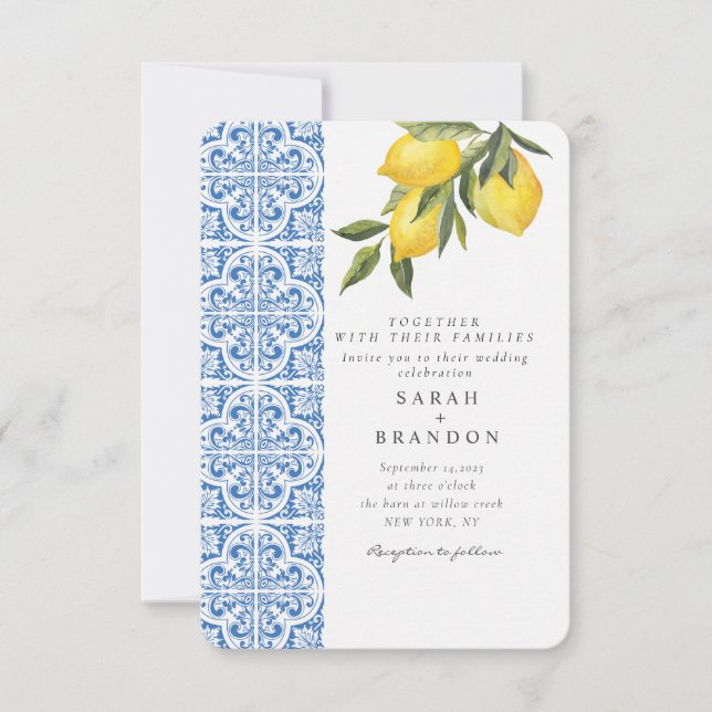 Invitación Watercolor Lemon Blue mosaico Boda mediterráneo (Anverso)