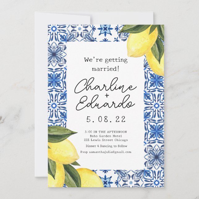 Invitación Watercolor Lemon Blue mosaico Boda mediterráneo (Anverso)