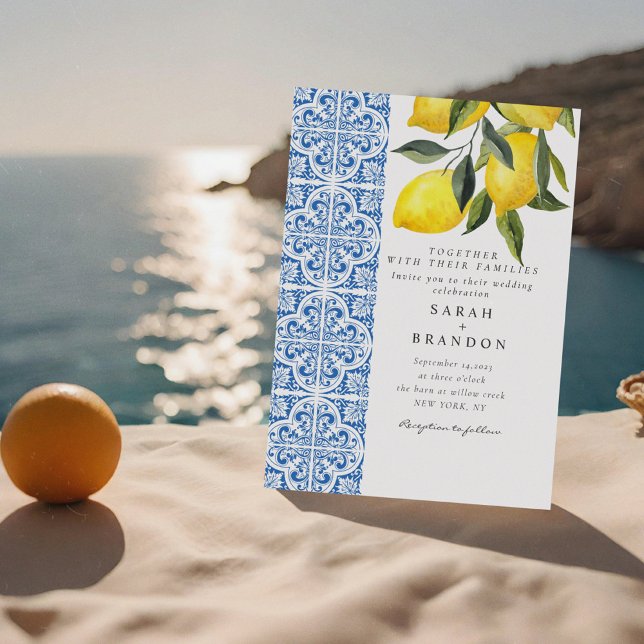 Invitación Watercolor Lemon Blue mosaico Boda mediterráneo (Subido por el creador)