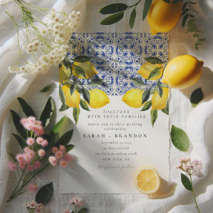 Invitación Watercolor Lemon Blue mosaico Boda mediterráneo