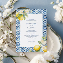 Invitación Watercolor Lemon Blue Tile Boda italiano