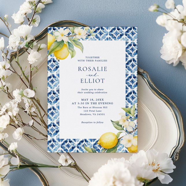 Invitación Watercolor Lemon Blue Tile Boda italiano (Subido por el creador)