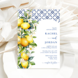 Invitación Watercolor Lemon Blue Tile Boda mediterráneo