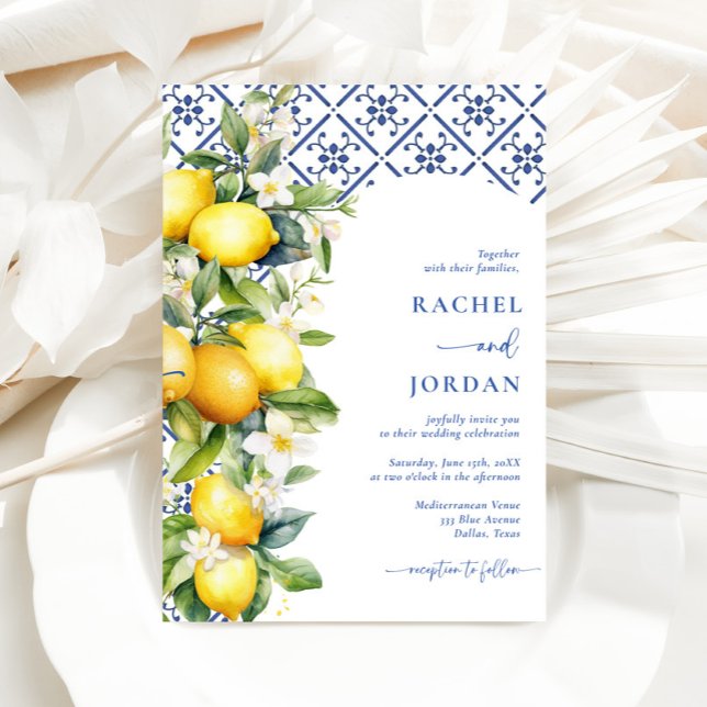 Invitación Watercolor Lemon Blue Tile Boda mediterráneo (Subido por el creador)