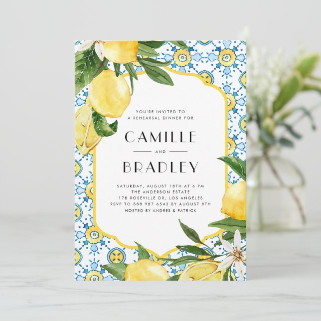 Invitación Watercolor Lemon: Cena de ensayo mediterráneo (Anverso de pie)