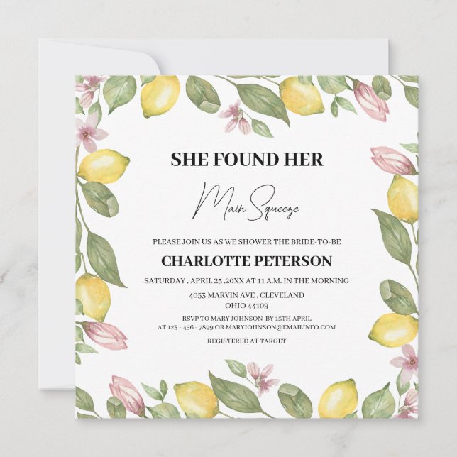 Invitación Watercolor Lemon Citrus Bridal Shower (Anverso)