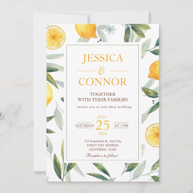 Invitación Watercolor Lemon Citrus Floral Moderno Boda (Anverso)