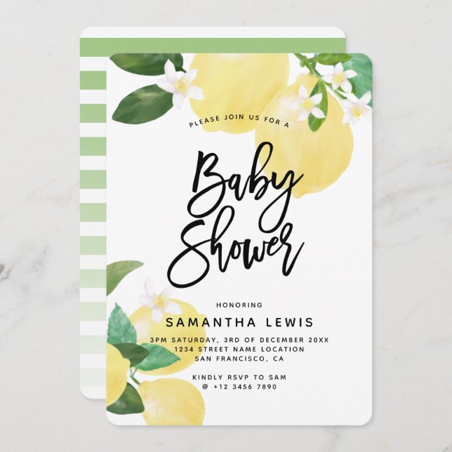 Invitación Watercolor Lemon Garden Baby Shower (Anverso / Reverso)