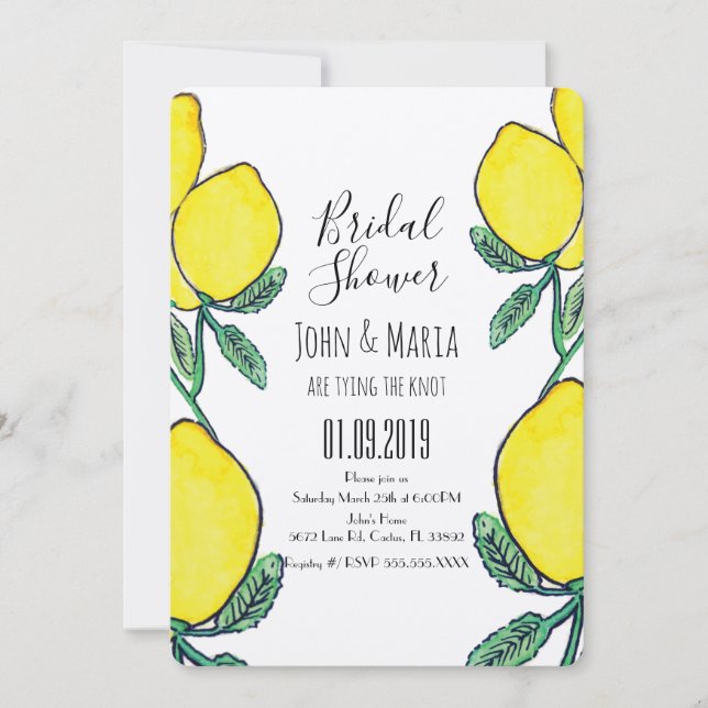 Invitación Watercolor Lemon Green Hand Drawed Bridal Shower (Anverso)