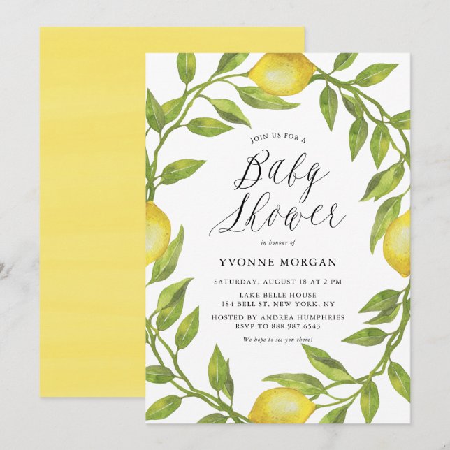 Invitación Watercolor Lemon Greenery Wreath Baby Shower (Anverso / Reverso)