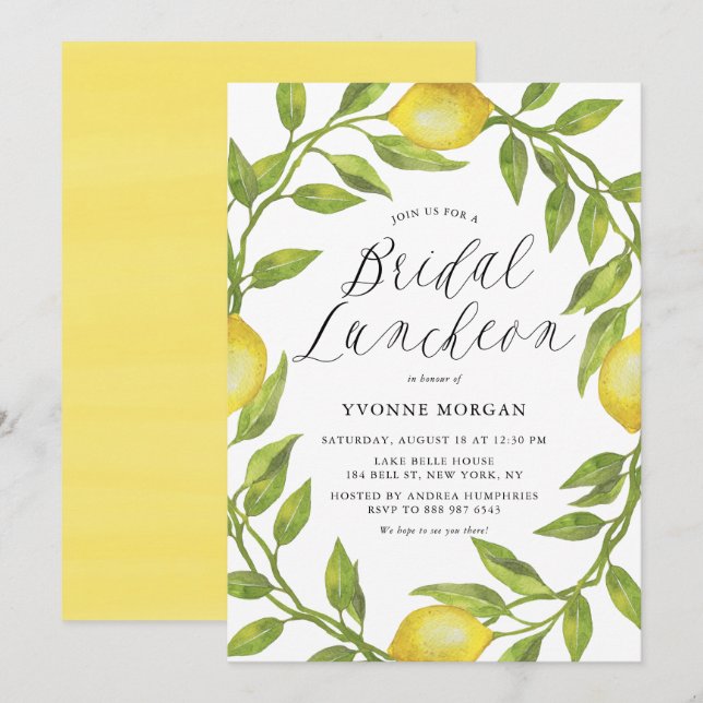 Invitación Watercolor Lemon Greenery Wreath Bridal Luncheon (Anverso / Reverso)