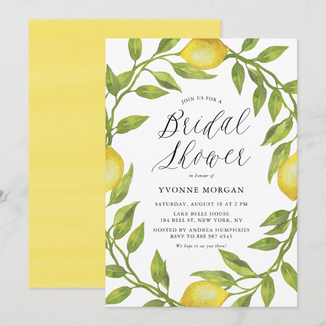 Invitación Watercolor Lemon Greenery Wreath Bridal Shower (Anverso / Reverso)