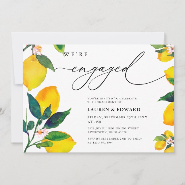Invitación Watercolor Lemon: Partido de compromiso (Anverso)