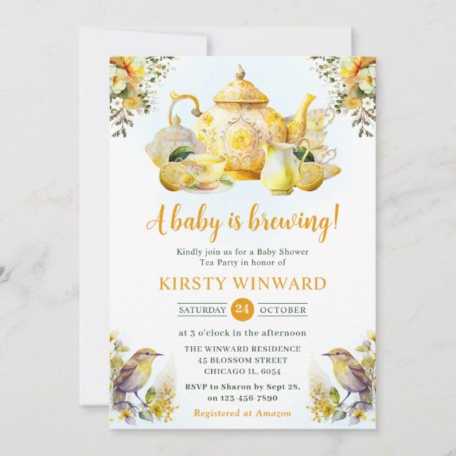 Invitación Watercolor Lemon Tea Fiesta Baby Shower (Anverso)