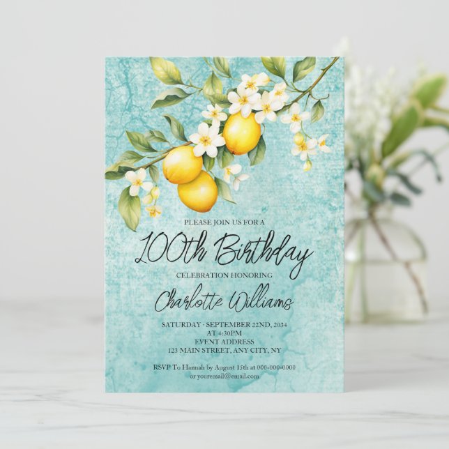 Invitación Watercolor Lemon Tema 100 cumpleaños (Anverso de pie)