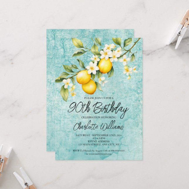 Invitación Watercolor Lemon Tema 90 cumpleaños (Anverso/Reverso In Situ)