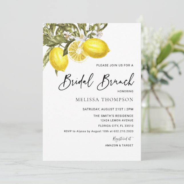 Invitación Watercolor Lemon Tema Brunch Bridal (Anverso de pie)