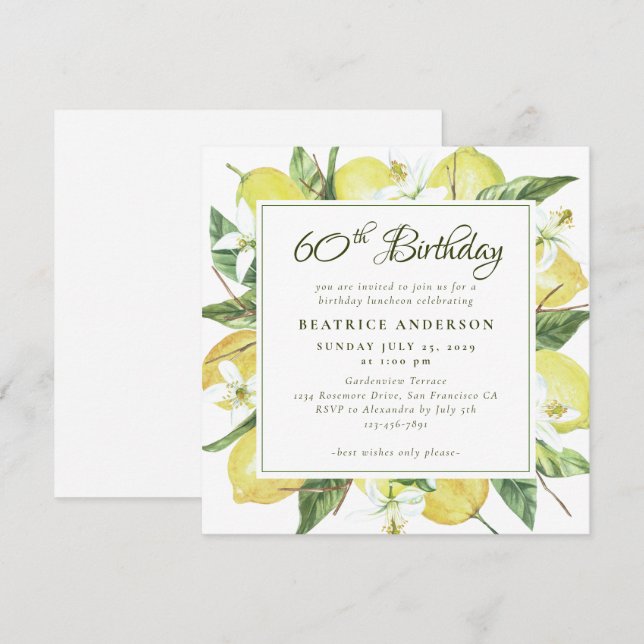 Invitación Watercolor Lemon Wreath Brunch 80th Birthday (Anverso / Reverso)