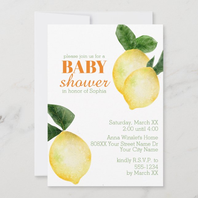 Invitación Watercolor Lemons Baby Shower (Anverso)