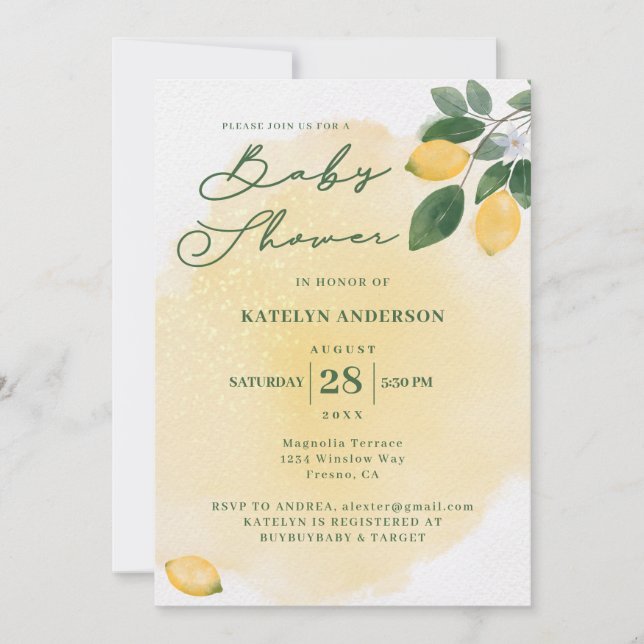 Invitación Watercolor Lemons Baby Shower (Anverso)