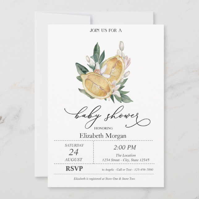 Invitación Watercolor Lemons Baby Shower Botánico (Anverso)