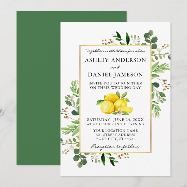 Invitación Watercolor Lemons Boda Vegetación Botánica (Anverso / Reverso)