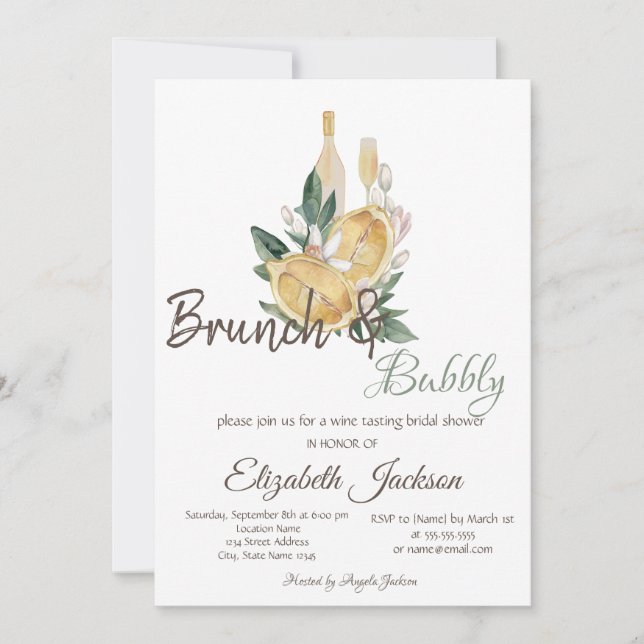 Invitación Watercolor Lemons Brunch & Bubbly Bridal Shower (Anverso)