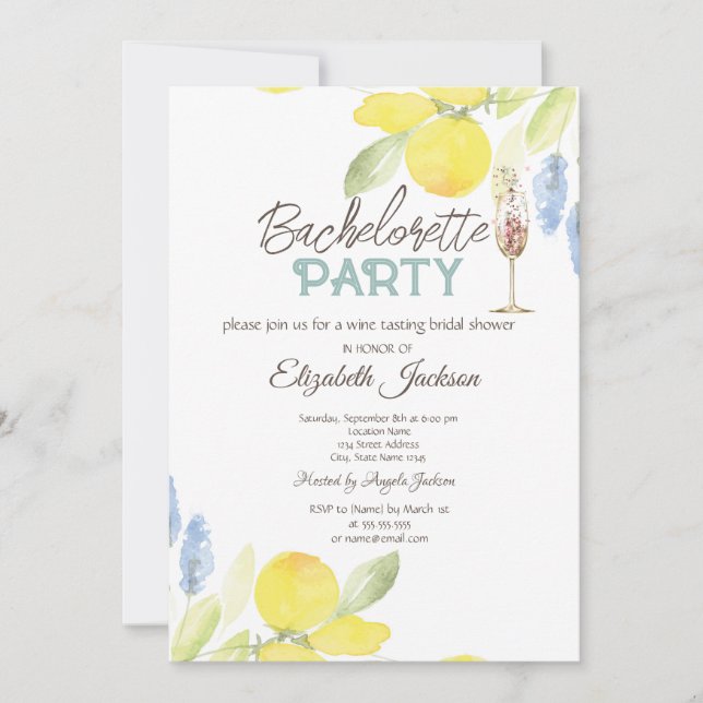 Invitación Watercolor Lemons Champagne Glass Bachelorette (Anverso)