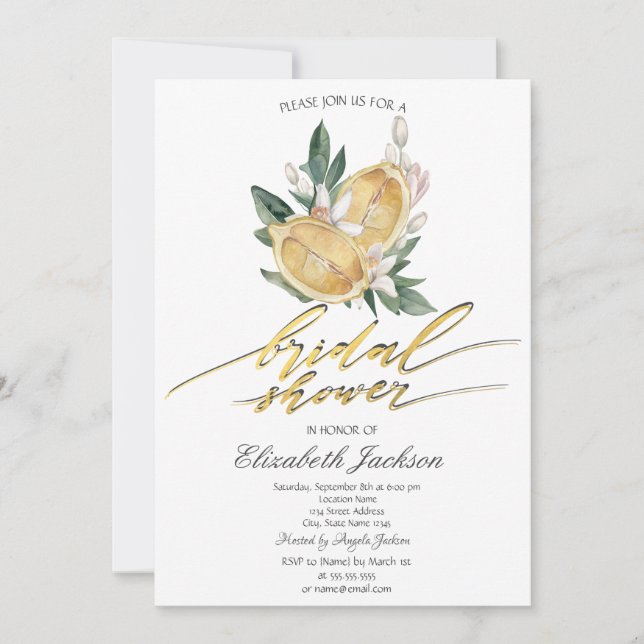 Invitación Watercolor Lemons Ducha Botánica Bridal (Anverso)