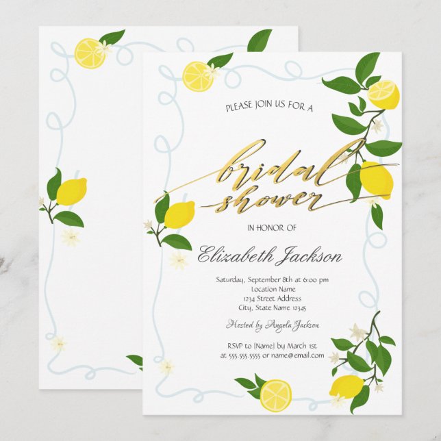 Invitación Watercolor Lemons Frame Bridal Shower  (Anverso / Reverso)