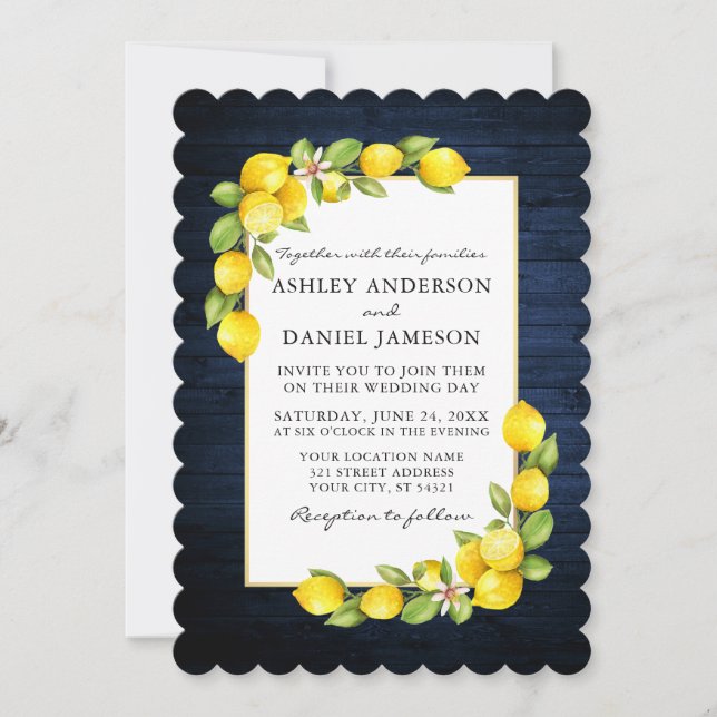 Invitación Watercolor Lemons Greenery Blue Wood Boda (Anverso)