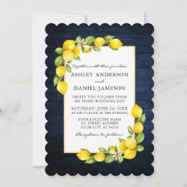 Invitación Watercolor Lemons Greenery Blue Wood Boda