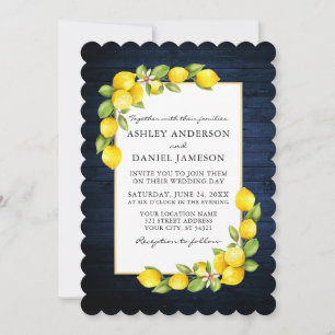 Invitación Watercolor Lemons Greenery Blue Wood Boda