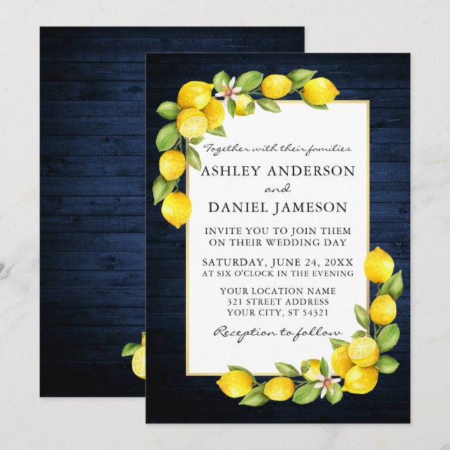 Invitación Watercolor Lemons Greenery Blue Wood Boda (Anverso / Reverso)