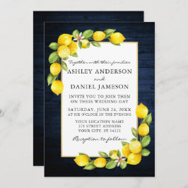 Invitación Watercolor Lemons Greenery Blue Wood Boda