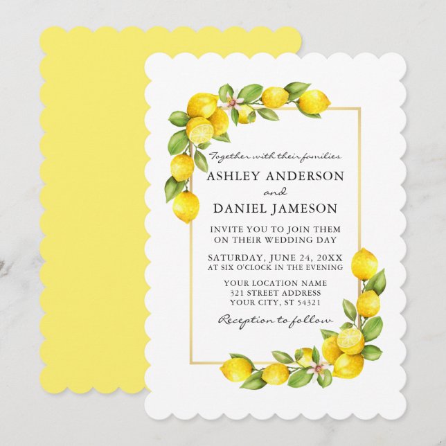 Invitación Watercolor Lemons Greenery Boda amarillo (Anverso / Reverso)